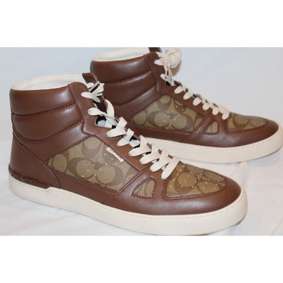 COACH Men's Clip Court High Top Sneakers Signature Canvas Brown Monogram Logo